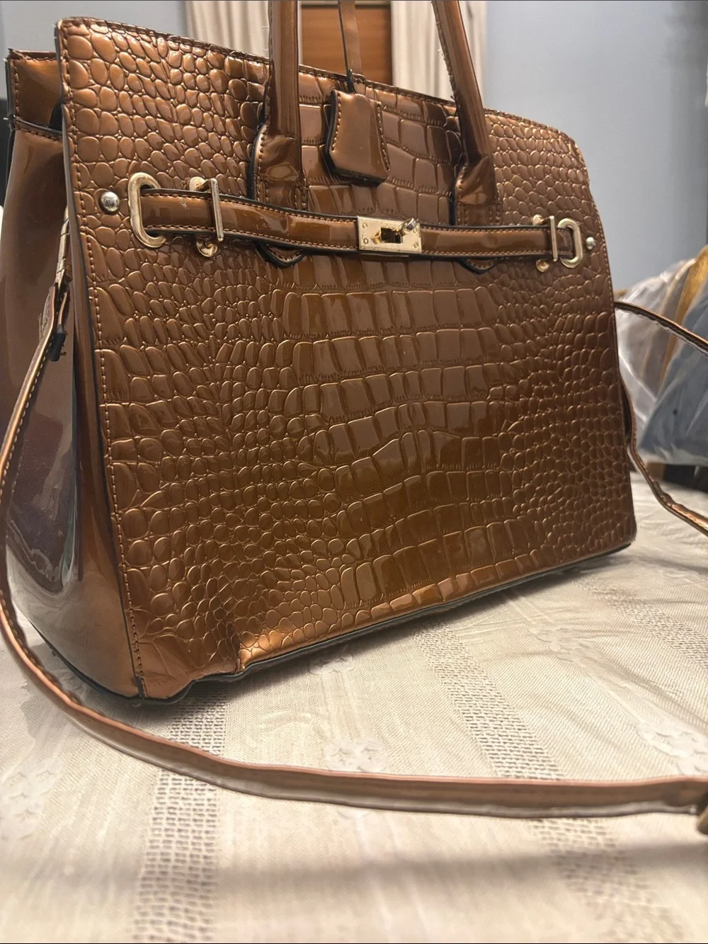 Structured Croc-Embossed Tote Bag in Brown